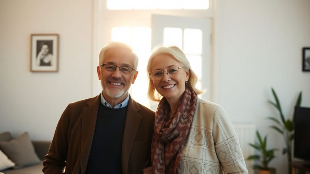 Smiling middle-aged couple near an open door in sunlight.
