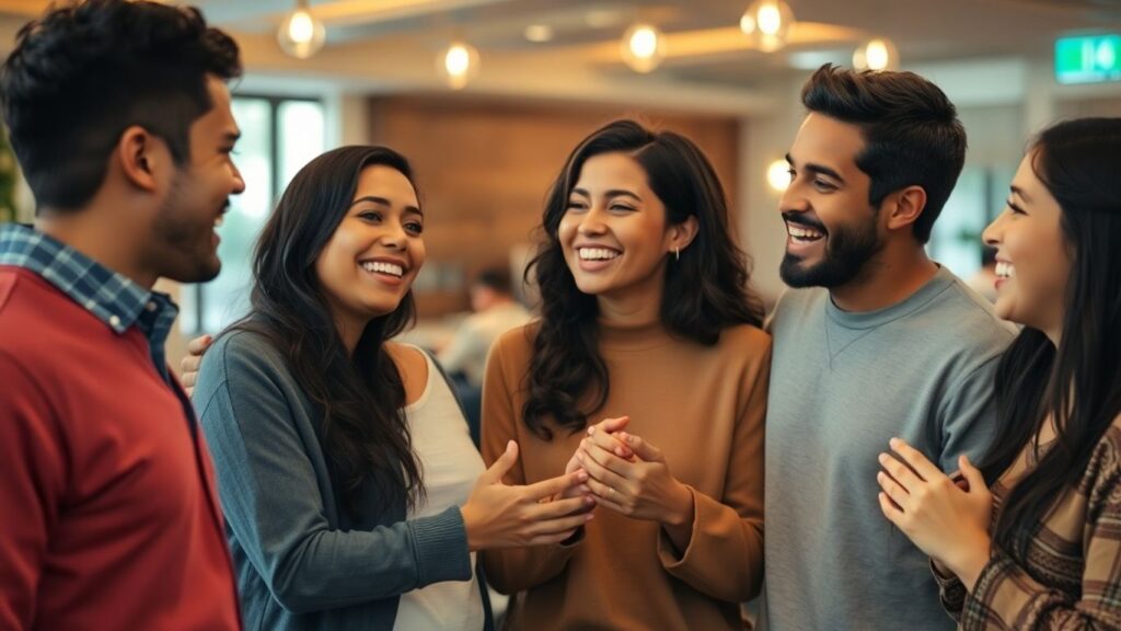 Smiling strangers connect in a warm, intimate lounge setting.