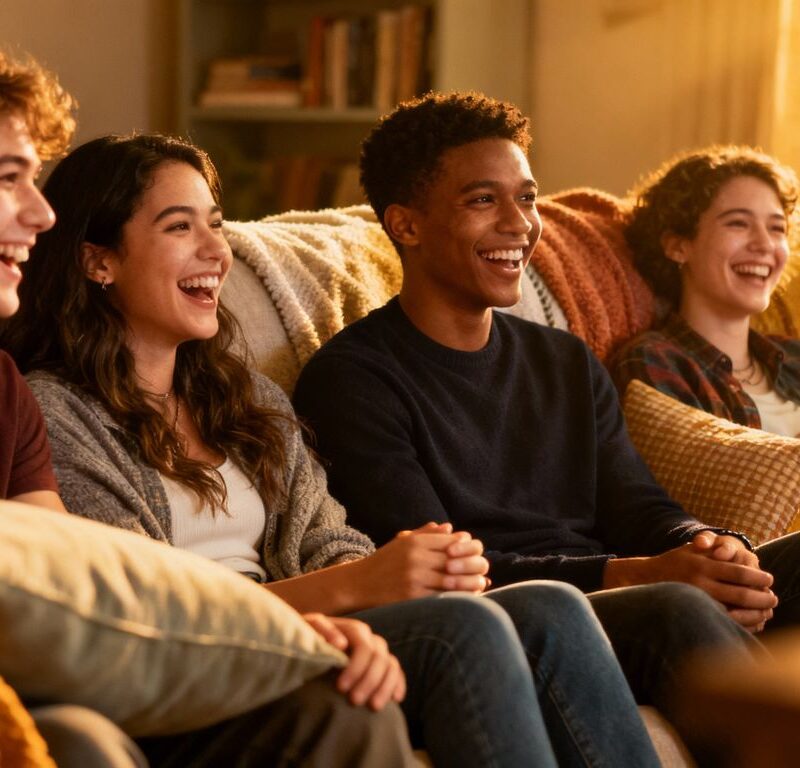 Smiling young adults talking in a cozy, safe setting.
