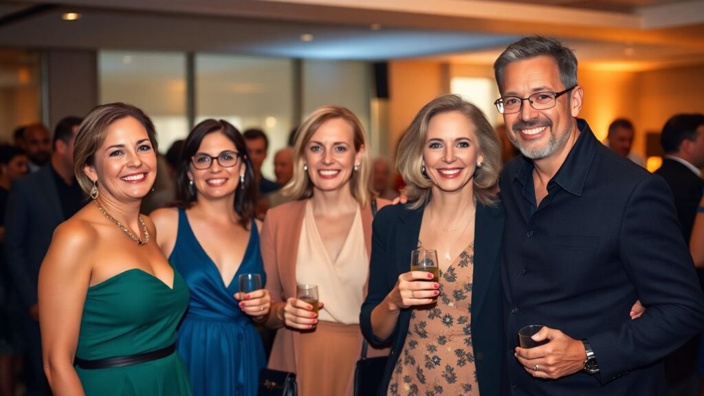 Stylish mature couples mingling at a lively party event