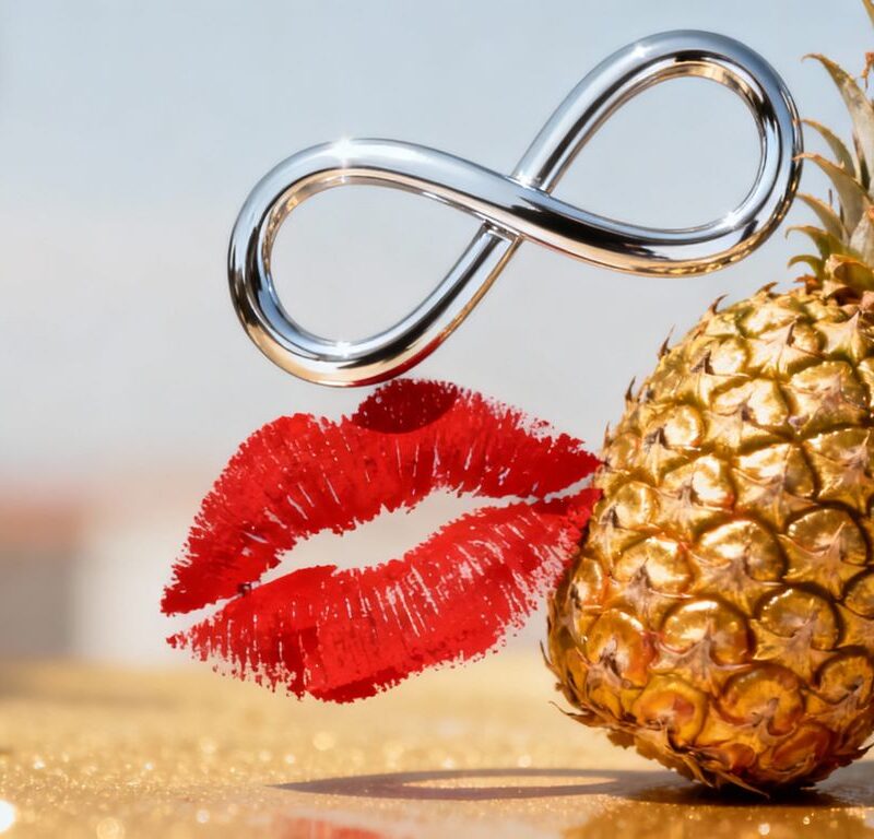 Swinger lifestyle symbols: pineapple, infinity heart, lipstick kiss.
