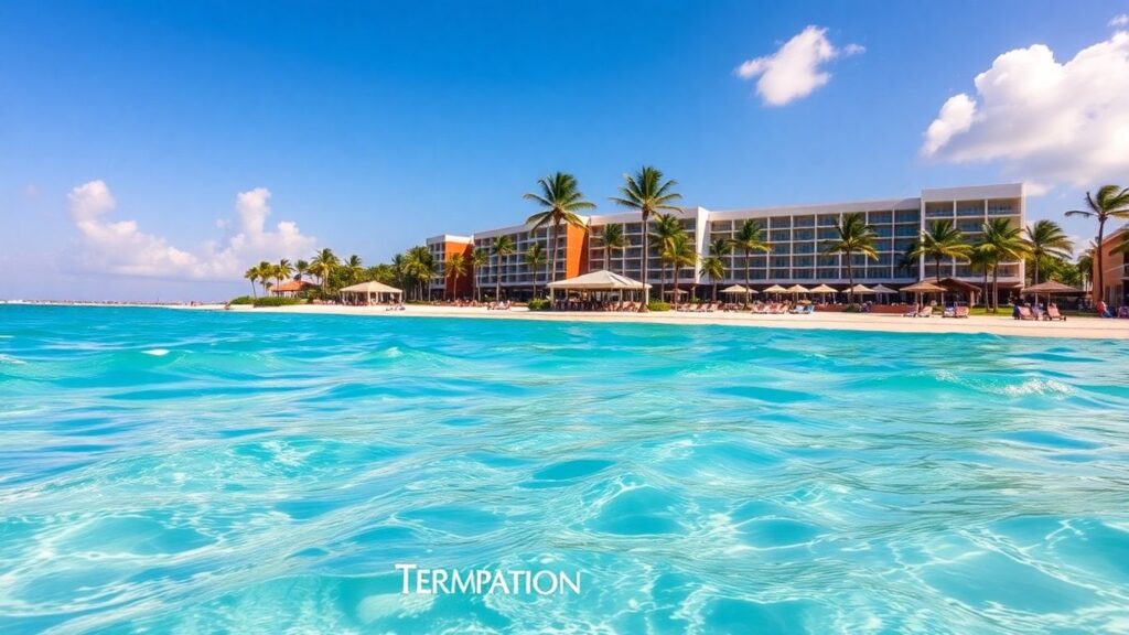 Temptation Resort, Cancun, Mexico beach and pool scene.