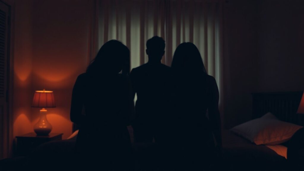 Three figures in a dimly lit bedroom, suggesting polyamory.