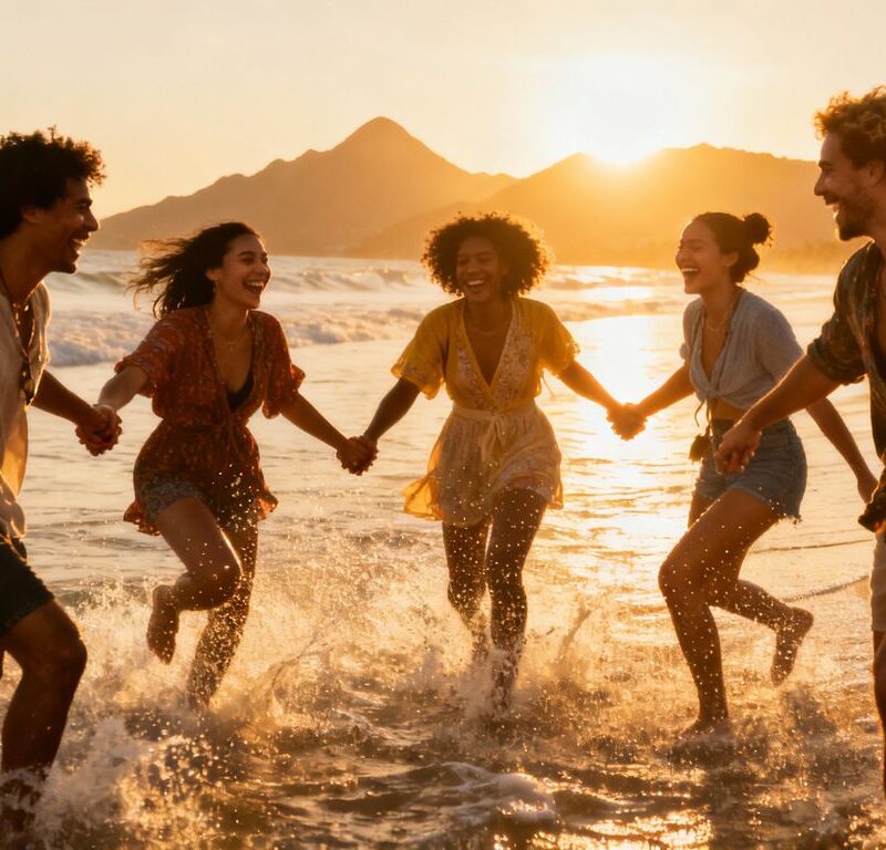 Travelers laughing together on a sunny beach