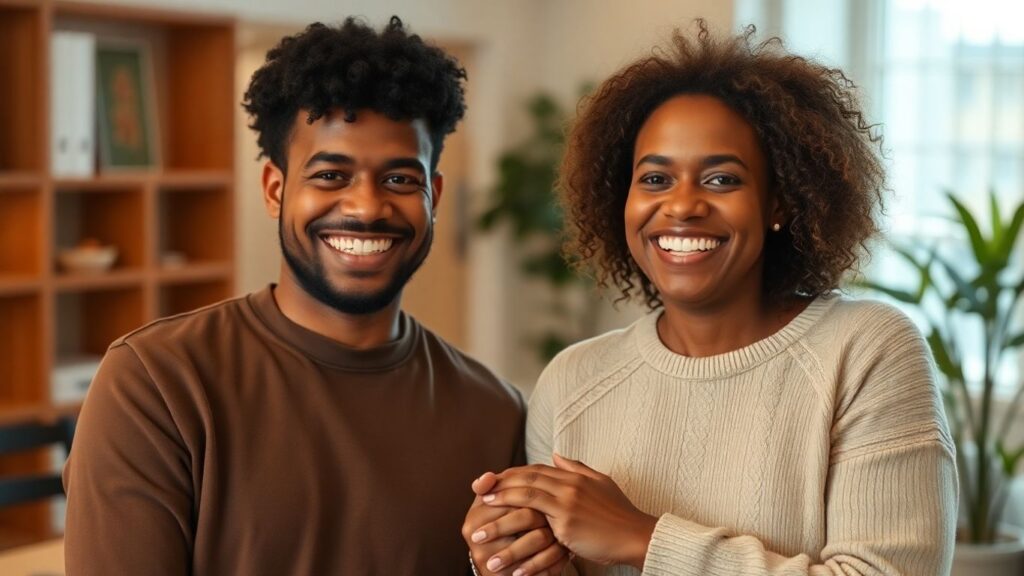 Two adults smiling, holding hands in cozy setting