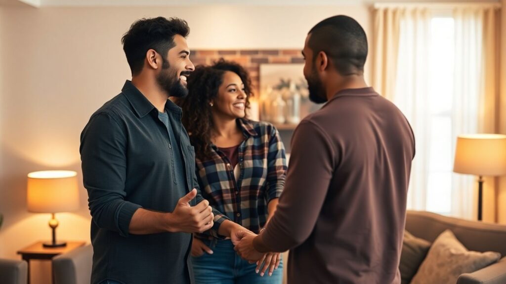 Two couples meet in a cozy, welcoming lounge setting.