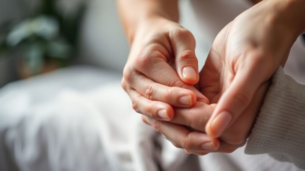 Two hands caressing each other intimately.