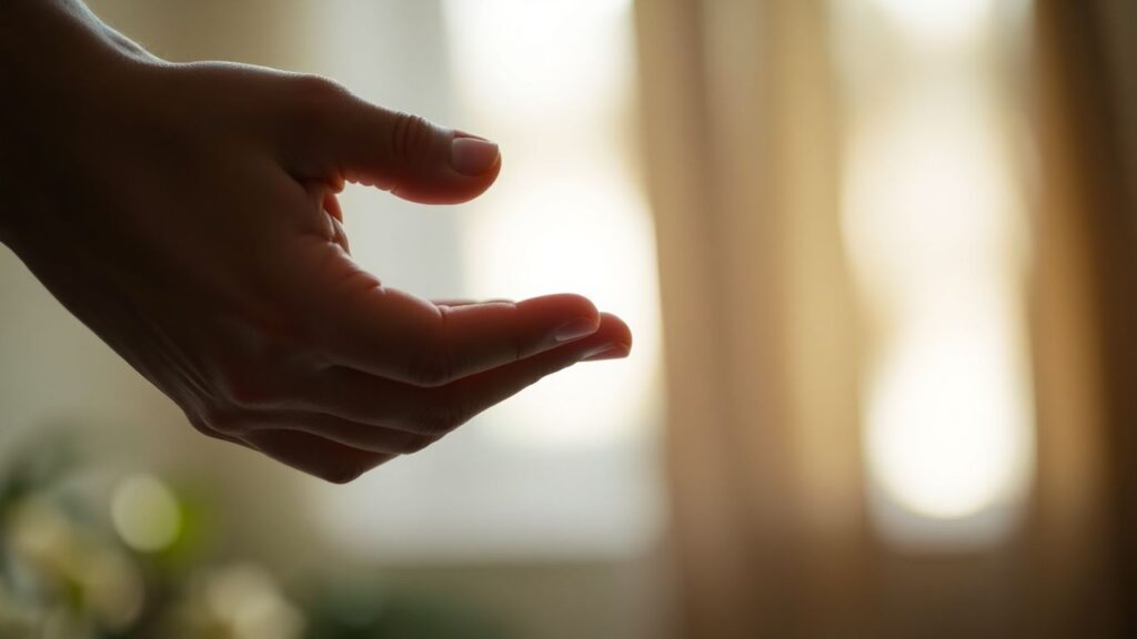 Two hands gently touching in an intimate moment.