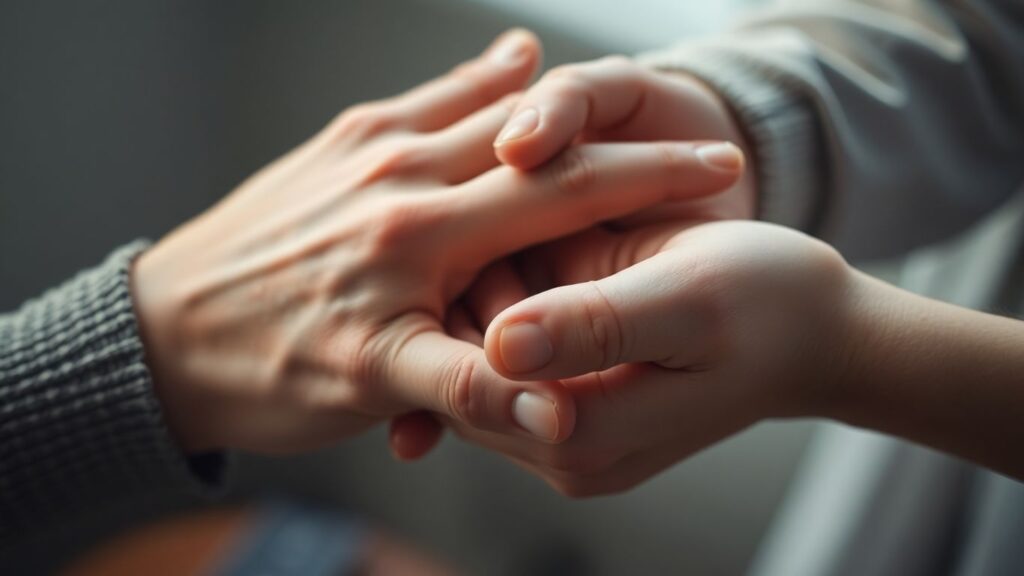 Two hands gently touching in an intimate moment.
