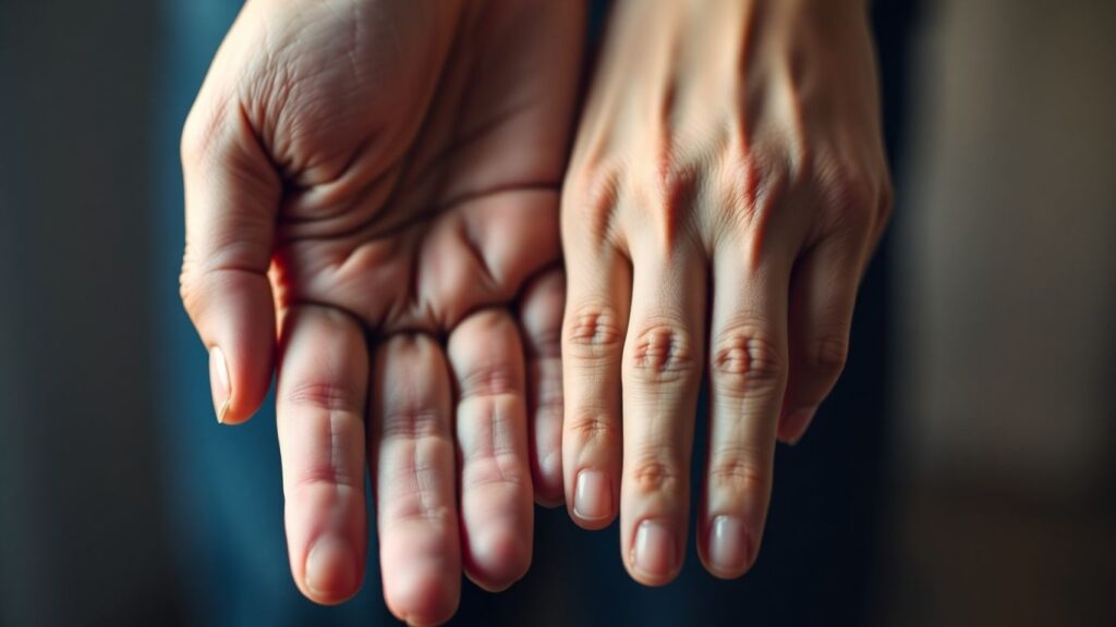Two hands touching intimately, palms facing.