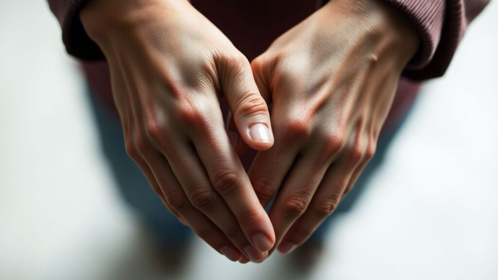 Two pairs of hands in an intimate touch.