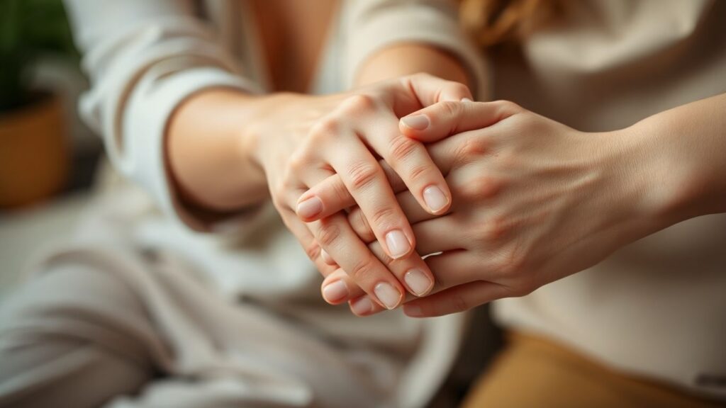Two pairs of hands in gentle, intimate touch.