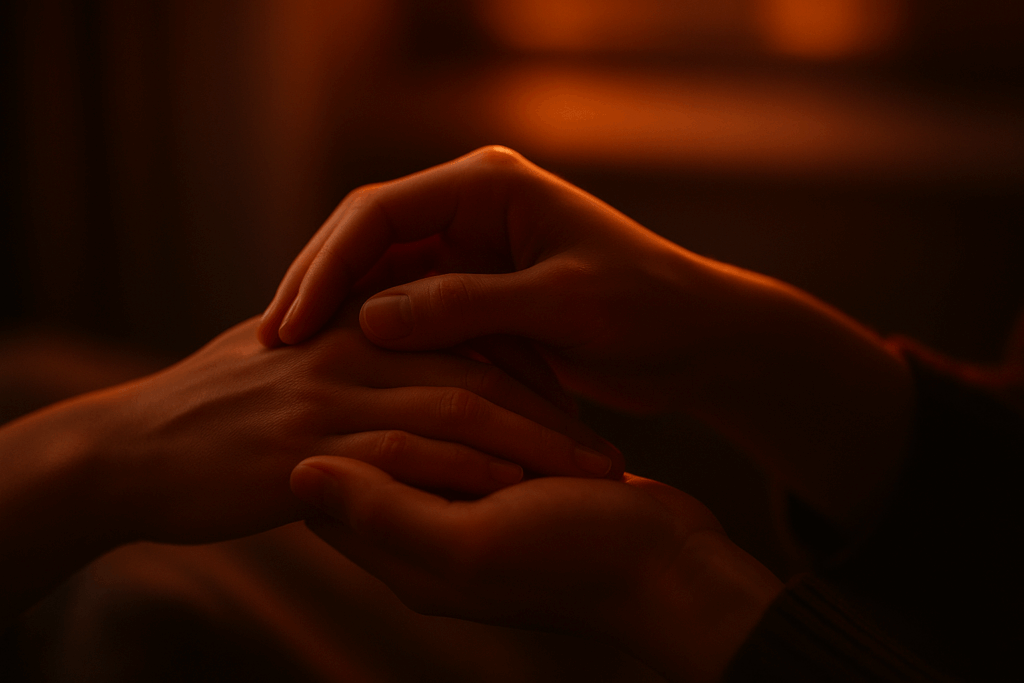 Two people sharing an intimate moment, gently holding each other&rsquo;s hands in the warm glow of sunset.
