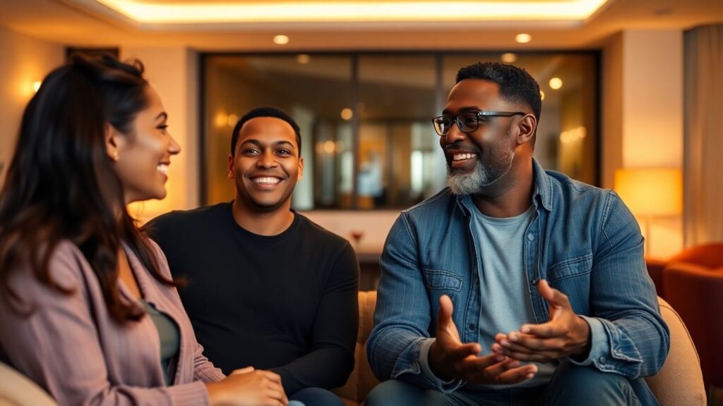 Two people smiling in a cozy lounge