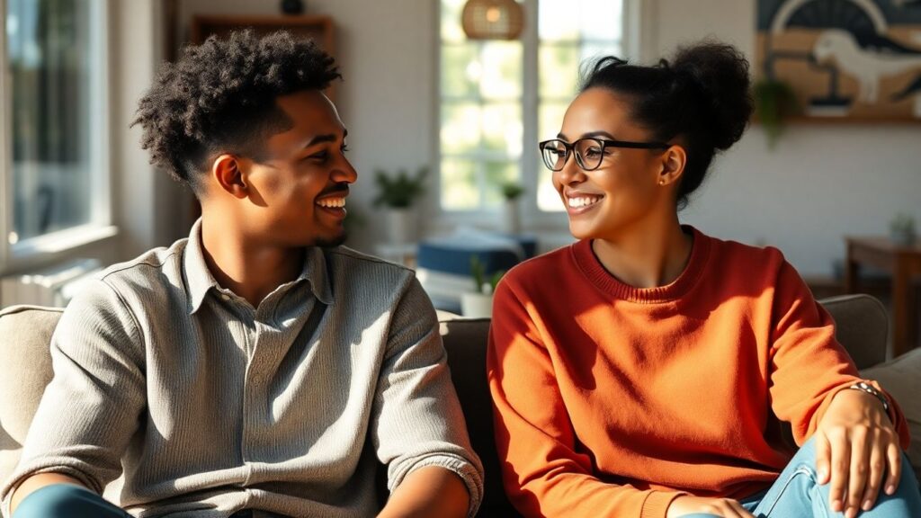 Two people smiling warmly making eye contact indoors
