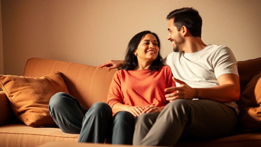 Two people talking intimately in a cozy setting