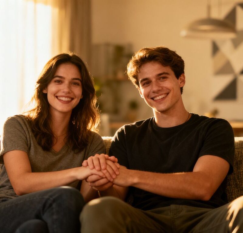 Two young adults smiling and holding hands together.