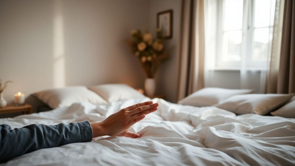 Warmly lit bedroom with couple holding hands