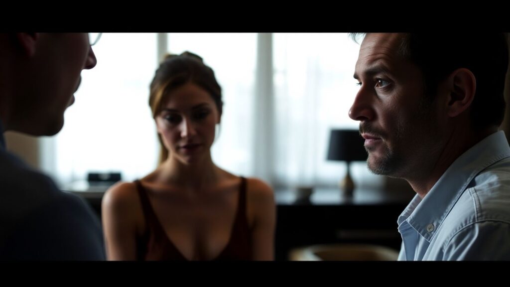 Woman in submissive pose, man observing.