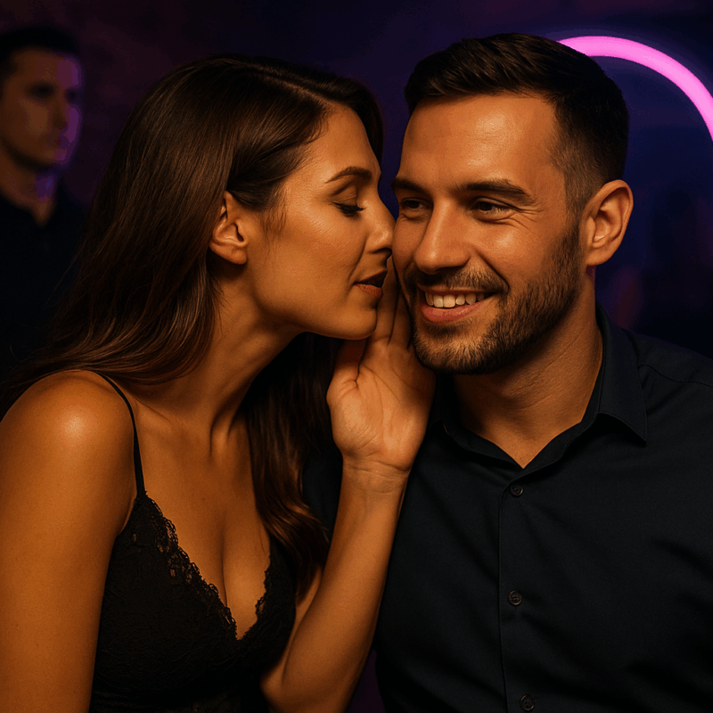 Woman whispering in her male partner’s ear at a dimly lit swingers club