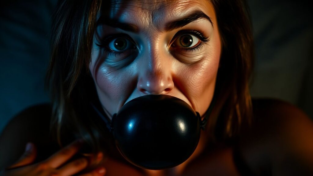 Woman with a cock gag, eyes wide in a masochistic scenario.