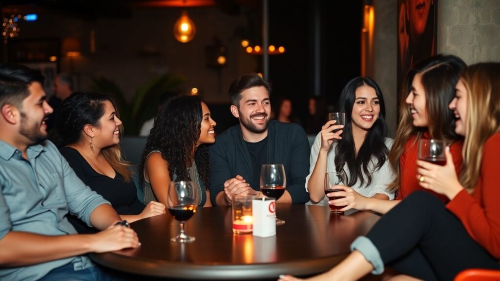 Young adults in cozy lounge sharing intimate moments together.