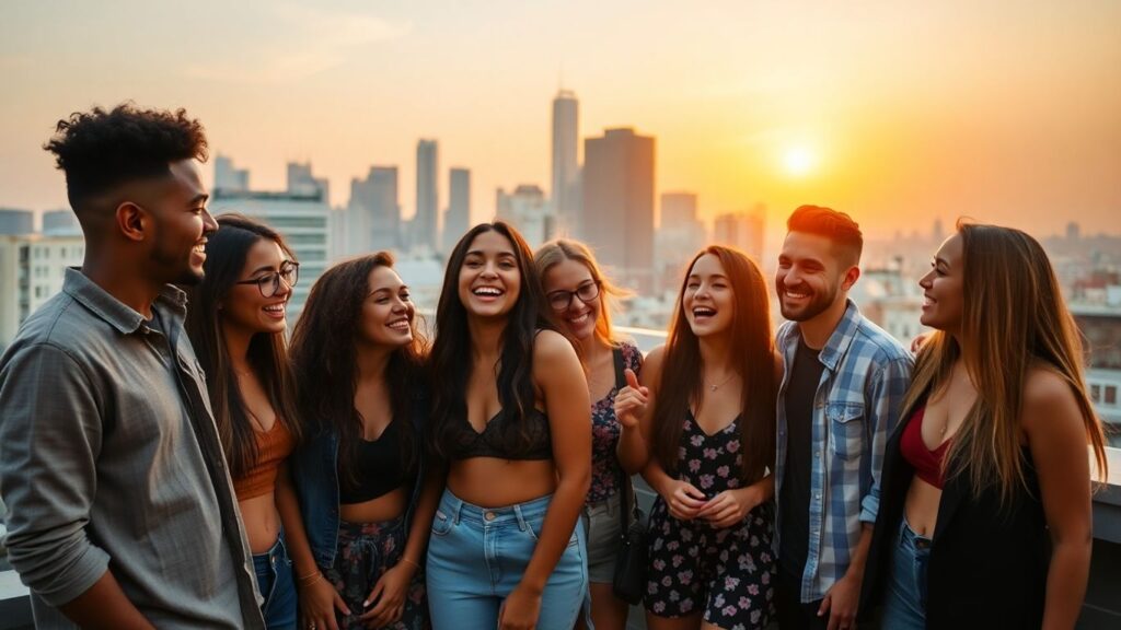 Young adults laughing flirtatiously on a rooftop at sunset.