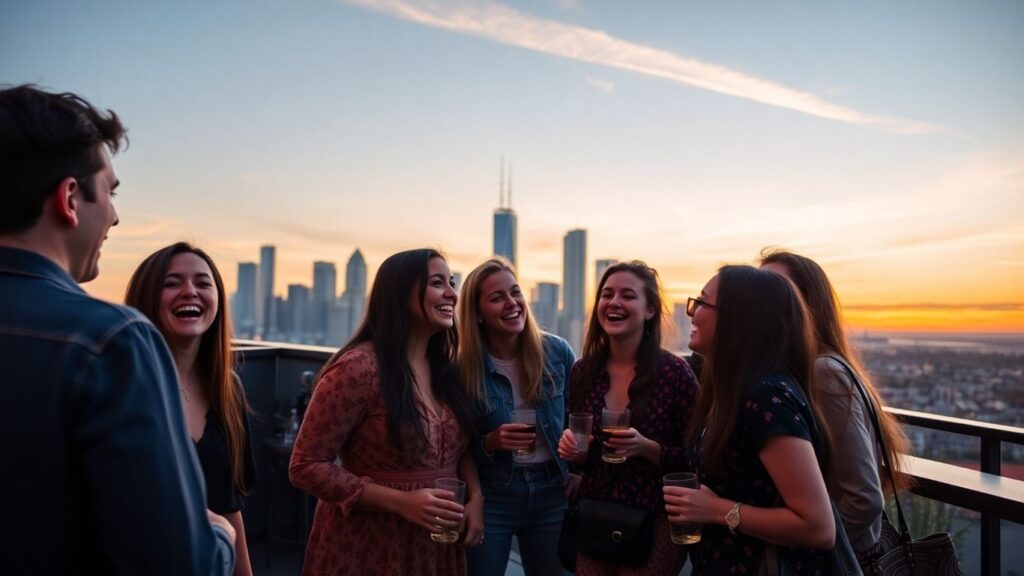 Young adults laughing together on a rooftop bar