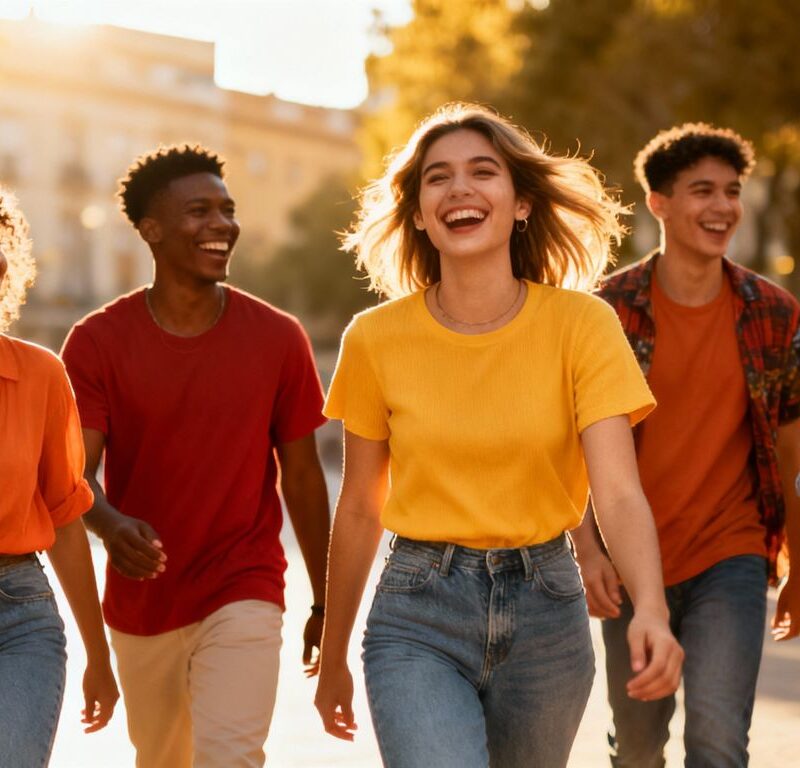 Young adults together in bright clothes, laughing outdoors.