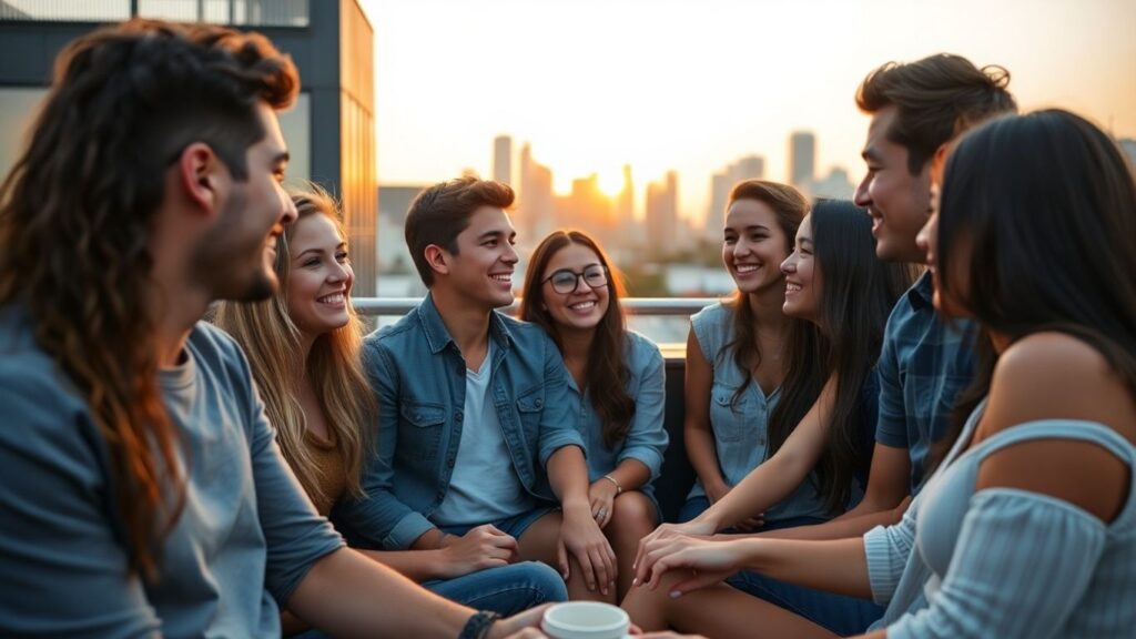 Young friends sharing intimate moment on rooftop at sunset.