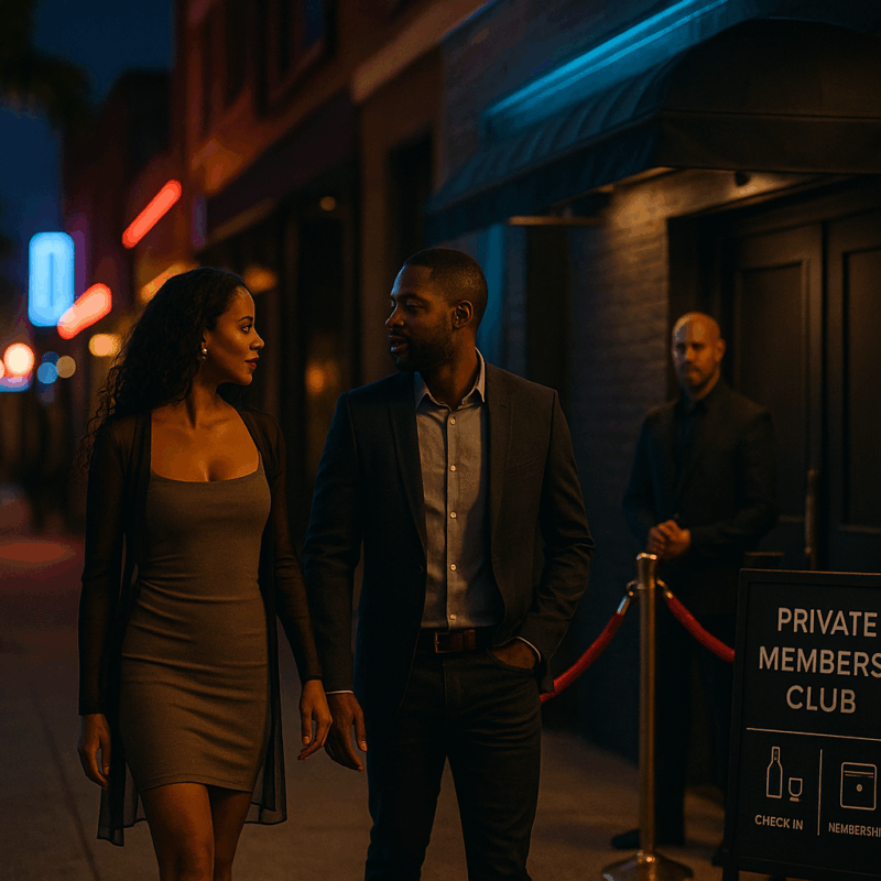couple walking toward a private members club entrance with a red velvet rope on a neon-lit Orlando street at night