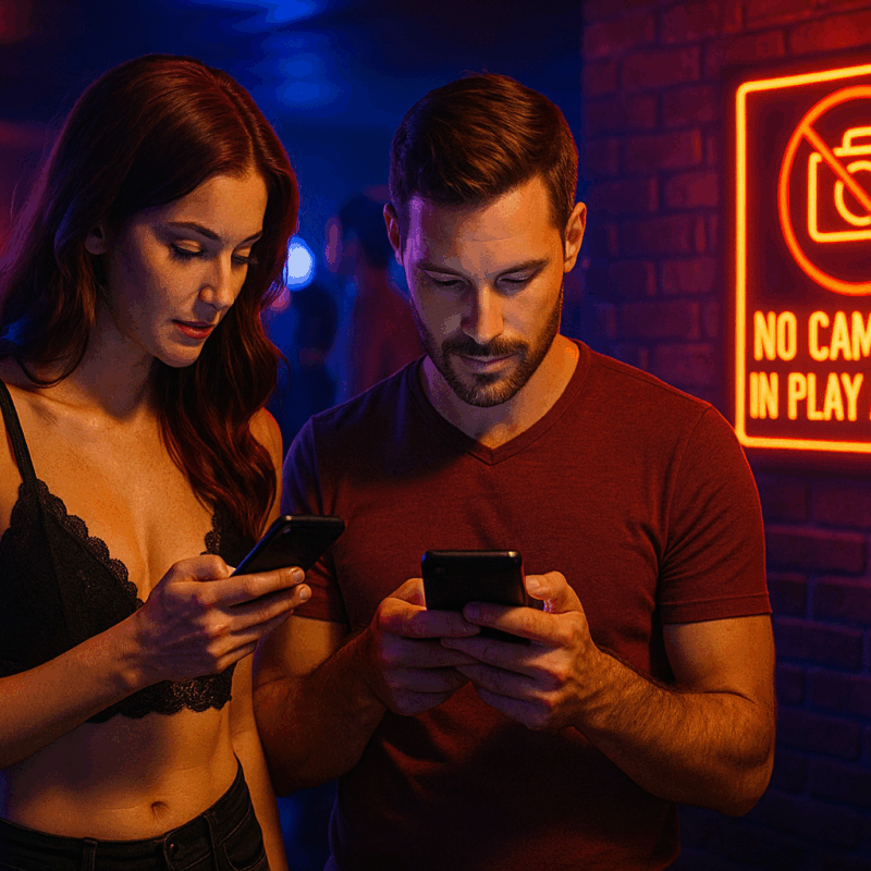 swinger couple on their phones outside of a swinger club playroom entrance