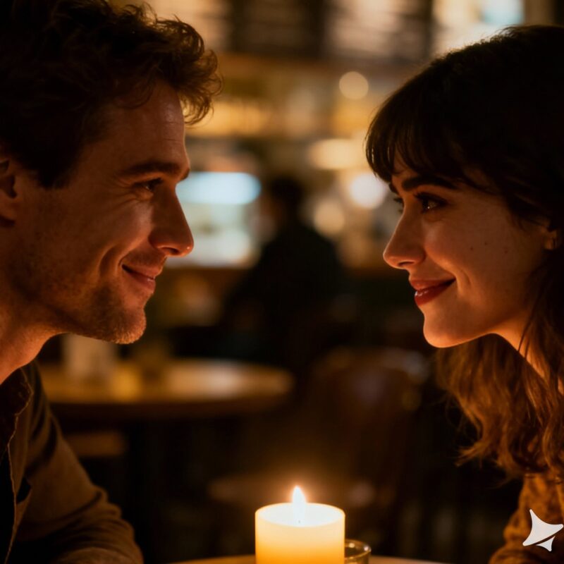 Couple exchanging a subtle, knowing glance.