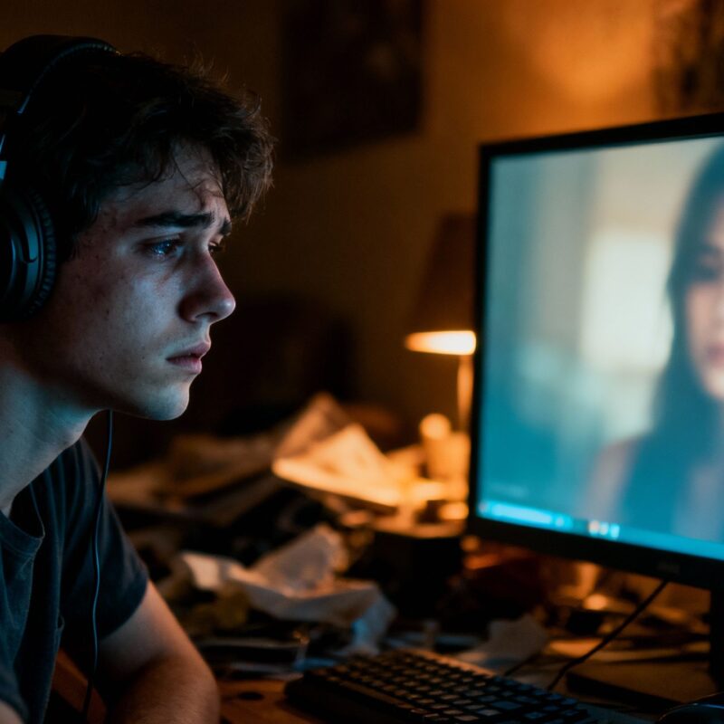 Person alone in dark room with glowing computer screen.