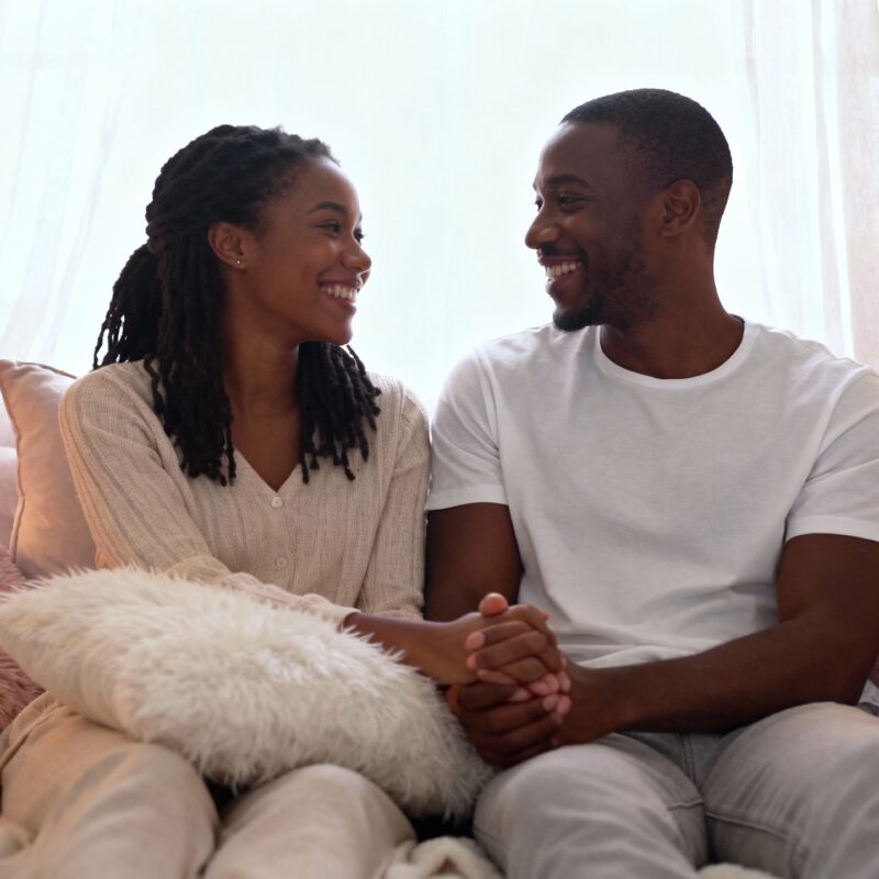 Couple sharing intimate moment in cozy bedroom
