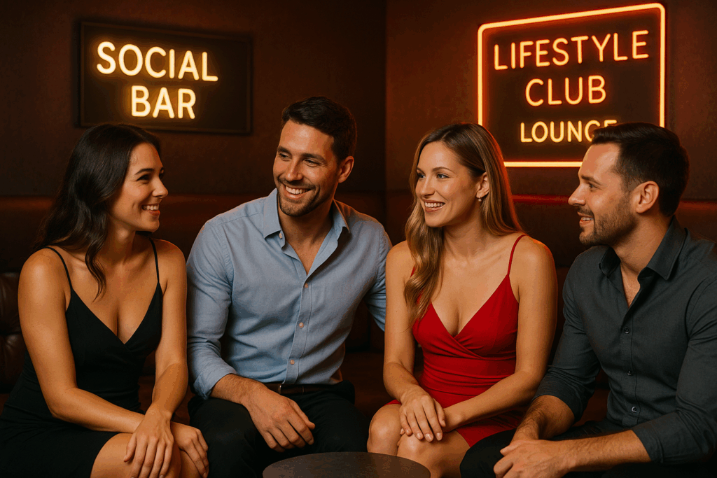 two couples talking at a swingers club