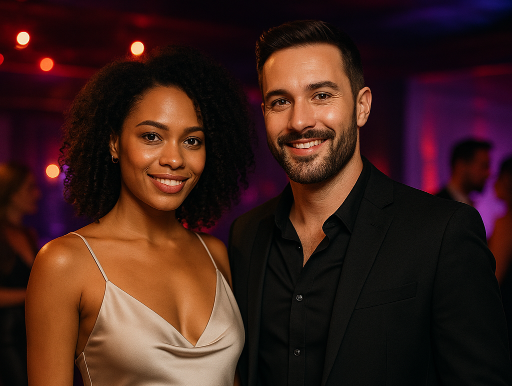 A fashionable couple posing at an upscale nightclub in Baltimore