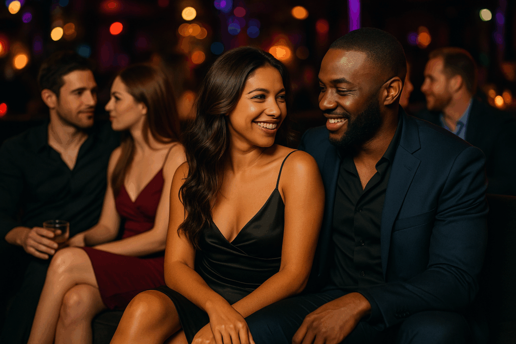 A stylish and diverse group of couples socializing in a dimly lit upscale Baltimore lounge