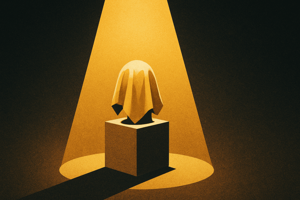 A symbolic object being revealed under a spotlight