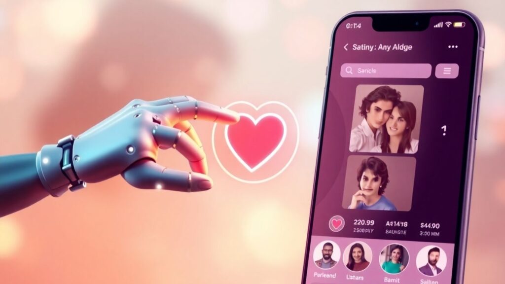 AI dating app interface with couples and robotic hand.