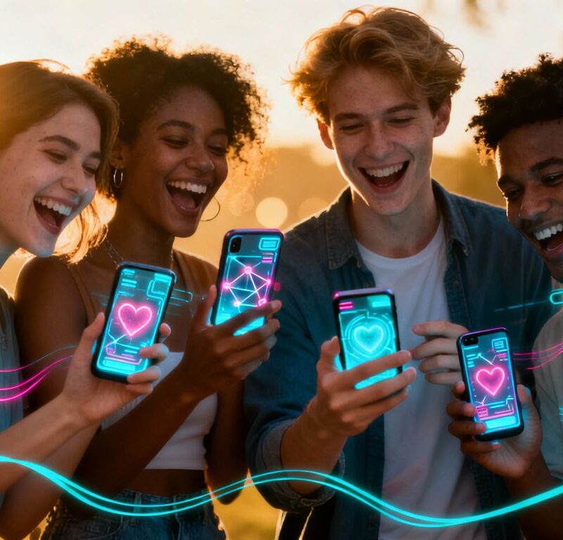 AI dating app interface with people connecting.