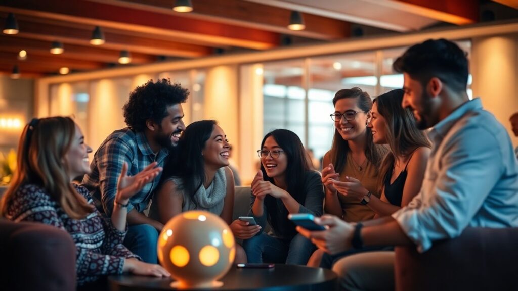 Adults connecting in a modern lounge with subtle AI hints.