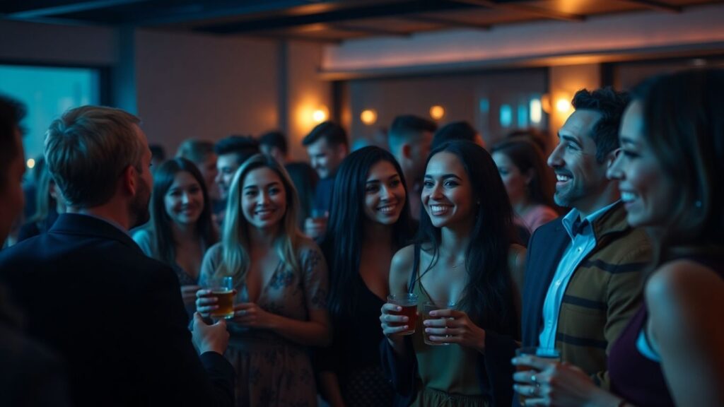 Adults socializing at a swinger event.