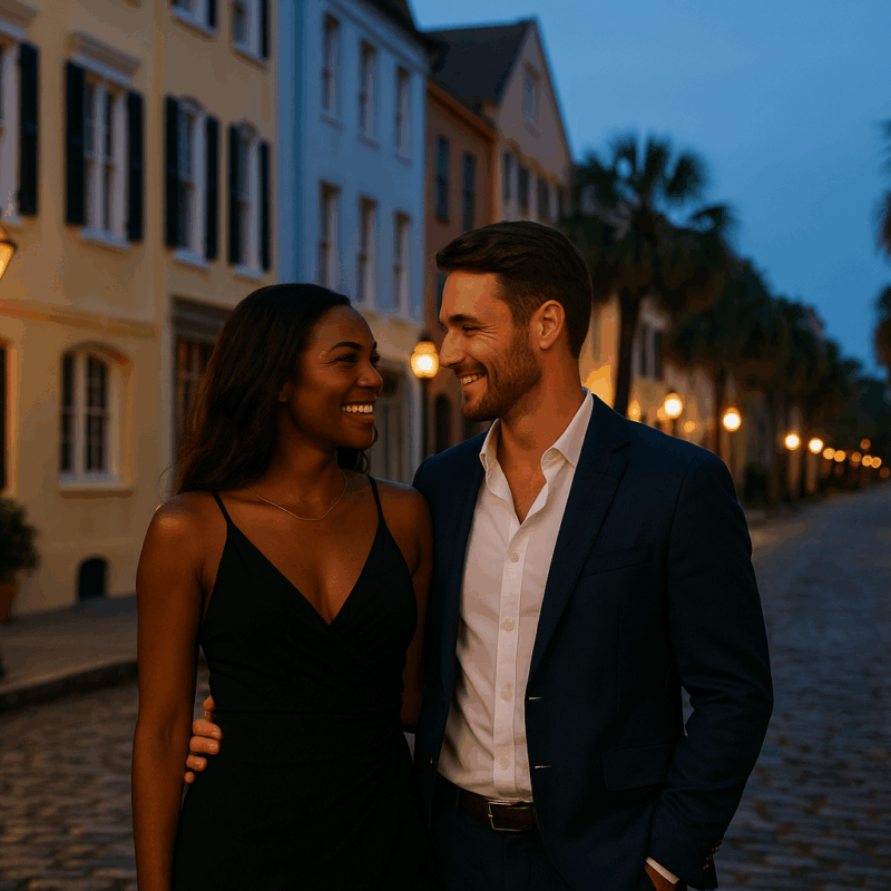 Stylish couple standing close together on a cobblestone street in historic Charleston at twilight