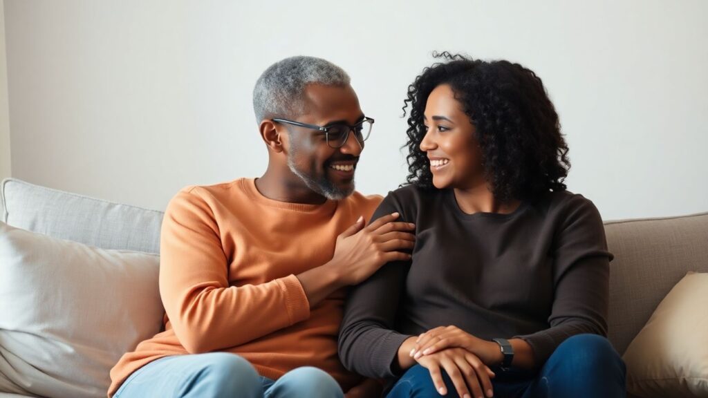 Couple communicating intimately on a couch.