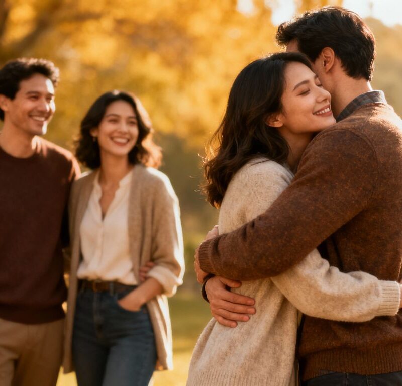 Couple embracing, another couple talking, warm lighting.