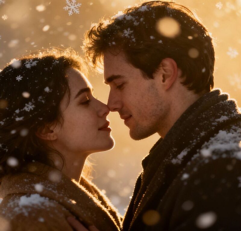Couple embracing in falling snow