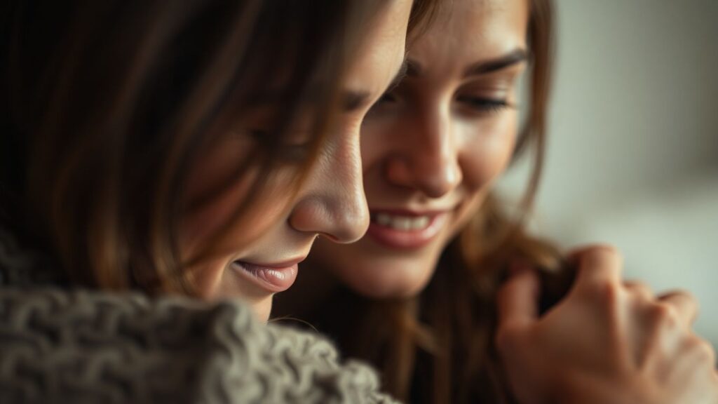 Couple embracing intimately, soft lighting, blurred background.