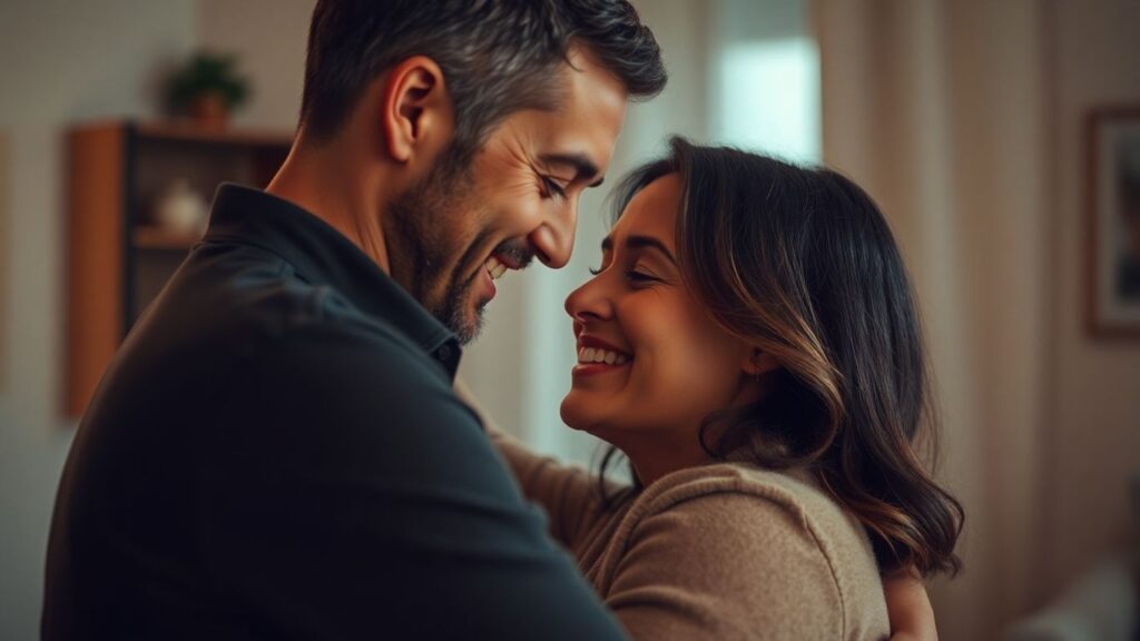 Couple embracing, sharing intimacy and connection.