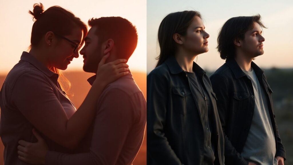 Couple embracing versus two individuals apart, contrasting connection.